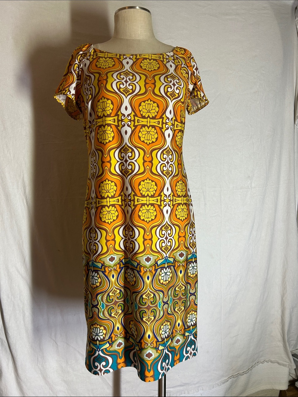 Sunny Leigh Retro Floral Shift Dress in Yellow and Orange with Teal Accents